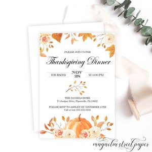 May include: Thanksgiving dinner invitation with a watercolor illustration of fall leaves, white roses, and a pumpkin. The invitation reads "Please join us for Thanksgiving Dinner, Thursday, Nov 28, at 1:00 PM. The Daniels Home, 77 Juniper Drive, Pipersville, PA 18032. Please RSVP to Ashley by November 15th. Call or text 333-333-3333."