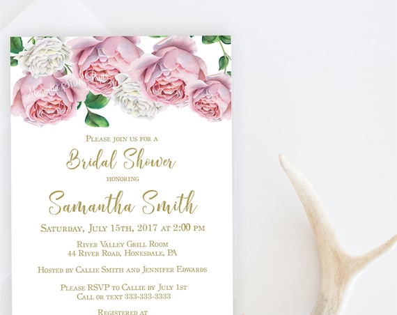 Pink and White Floral Bridal Shower Invitation, Blush Roses and Gold Invite, Spring Garden Wedding Shower, Printable or Printed