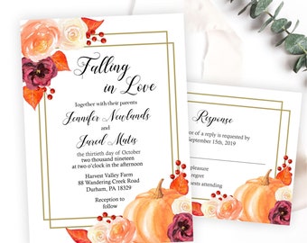 Fall Pumpkin Wedding Invitation, Fall in Love Autumn Blush and Burgundy Wedding Suite, Modern Gold Geometric, Printable or Printed