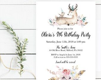Woodland Baby Deer Birthday Invitation, Boy or Girl Boho Invite, Floral Kids or Baby Party, Printable or Printed
