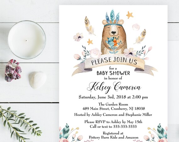 Bear Baby Shower Invitation, Floral Boho Woodland Invite, Pink and Blue Gender Neutral, Forest Flowers and Feathers, Printable or Printed