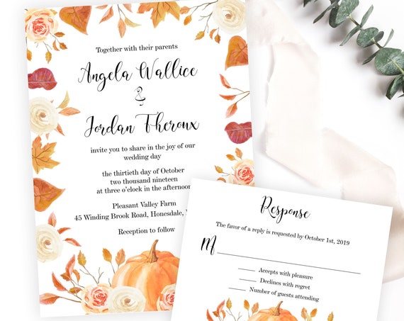 Fall Pumpkin and Leaves Wedding Invitation, Autumn Blush Floral Wedding Suite, Watercolor Leaves and Flowers, Printable or Printed