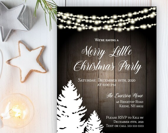 Merry Little Christmas Party Invitation, Pine Trees and Lights Holiday Invite, Company, Office or Open House, Printable or Printed
