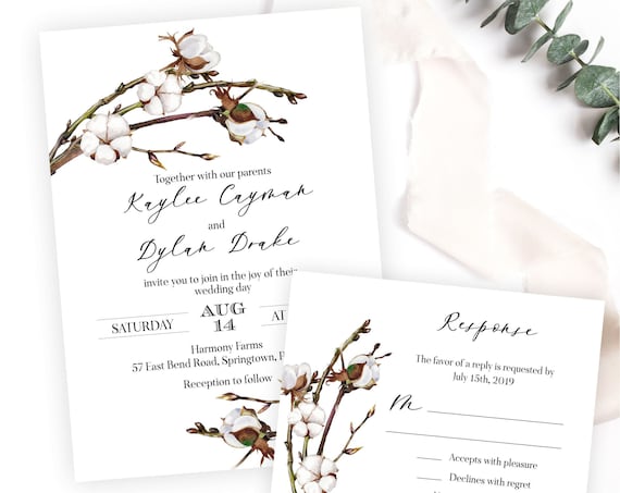 Cotton Boll Wedding Invitation, Modern Botanical Wedding Suite, Rustic Country Invite and RSVP, Printable or Printed