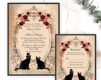 Black Cat Wedding Invitation, Vintage Halloween Cat Couple Wedding Invite, Goth Blush and Burgundy Floral, Printable or Printed