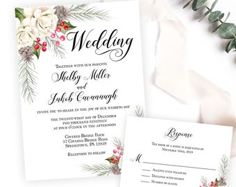 Pine and Holly Winter Wedding Invitation, White Floral Christmas or Holiday Wedding Suite, Elegant Evergreen Branches, Printable or Printed