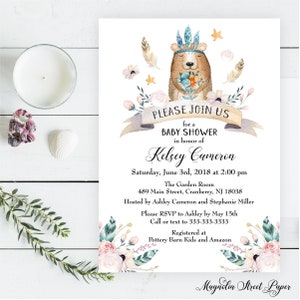 Bear Baby Shower Invitation, Floral Boho Woodland Invite, Pink and Blue Gender Neutral, Forest Flowers and Feathers, Printable or Printed image 1