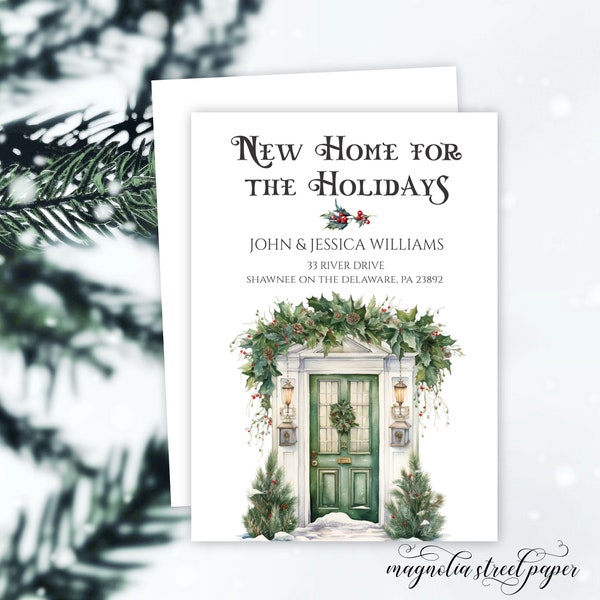 Christmas New Address Change Card, Holiday Front Door, New Home for the Holidays Notification, Holly and Pine Trees, Printable or Printed