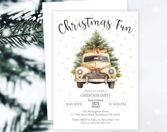 May include: A Christmas party invitation with a watercolor illustration of a vintage car carrying a Christmas tree. The invitation is decorated with gold polka dots and the text "Christmas Fun". The text on the invitation reads "Please join us for a Christmas Party, Saturday, December 23, 2023 at 5:00 PM. The Bellingham Home, 87 West Bend Road, Bethlehem, PA 39892. Please RSVP to Katie by December 15th. Text or call 333-333-3333."