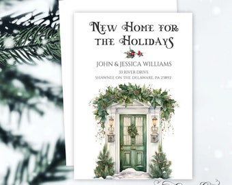 Christmas New Address Change Card, Holiday Front Door, New Home for the Holidays Notification, Holly and Pine Trees, Printable or Printed