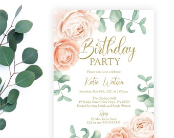 Blush and Beige Floral Birthday Party Invitation, Eucalyptus Greenery Birthday Invite, Adult, Milestone or Baby, Printable or Printed, P1