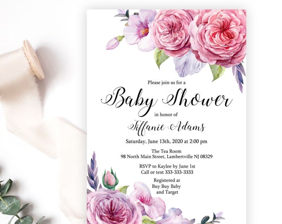 Spring Pink and Purple Floral Baby Shower Invitation, Vibrant Watercolor Baby Girl invite, Bright and Colorful, Printable or Printed