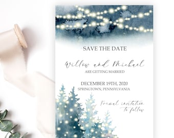 Winter Save The Date, Watercolor Pine Trees and Fairy Lights Wedding Announcement, Woodland Forest Wonderland, Printable or Printed