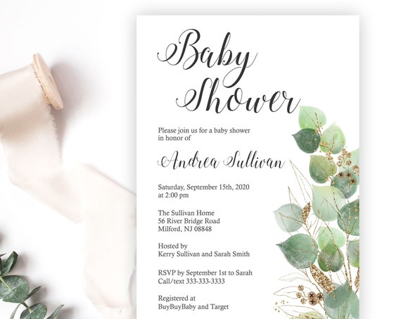 Eucalyptus and Gold Baby Shower Invitation, Watercolor Greenery Gender Neutral Baby invite, Printable or Printed