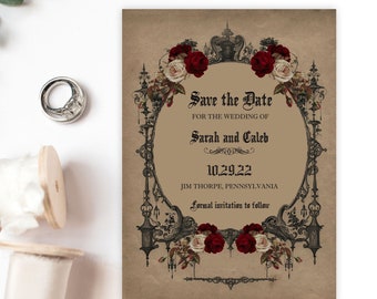 Vintage Goth Save the Date, Halloween Haunted Gothic Themed Wedding Announcement Invitation, Printable or Printed, V3