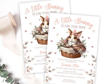 A Little Bunny Is On The Way Baby Shower Invitation, Baby Girl Invite, Pink and Mauve Rabbit in a Basket, Printable or Printed