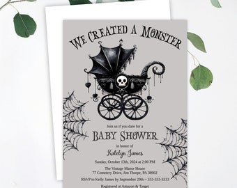 Halloween Goth Baby Shower Invitation, We Created A Monster Gender Neutral, Spooky Baby Carriage and Spider Webs, Printable or Printed