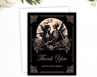 Halloween Goth Thank You Cards, Printed Skeleton Couple Blank Note Cards, The Lovers Tarot Card Thank Yous for Wedding or Shower