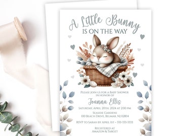 A Little Bunny Is On The Way Baby Shower Invitation, Baby Boy Invite, Blue and Gray Rabbit in a Basket, Printable or Printed with Envelopes