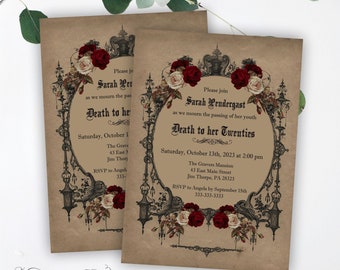 Death to Youth Birthday Invitation, Vintage Goth Death to 20s, 30s, 40s, 50s, Gothic Halloween Party Invite, Printable or Printed, V3