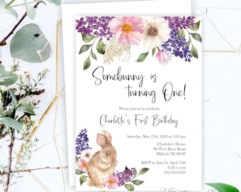 Somebunny is Turning One Birthday Invitation, Watercolor Spring First Birthday Party, Bunny, Lilacs, Blush Floral, Printable or Printed, L1