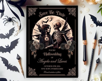 Halloween Goth Save the Date, Skeleton Couple Hallowedding Announcement, Vintage Style, The Lovers Tarot Card, Printable or Printed