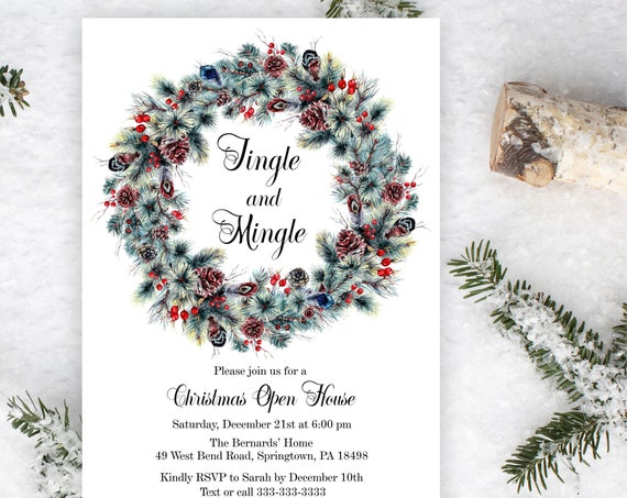 Jingle and Mingle Christmas Party Invitation, Open House Holiday Invite, Rustic Winter Wreath and Greenery, Printable or Printed