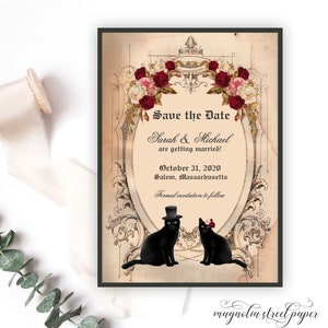 Halloween Cat Save the Date, Vintage Black Cat October Wedding Announcement, Blush and Burgundy Floral, Printable or Printed