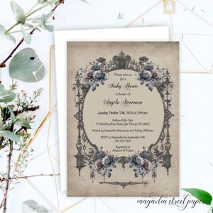 Elegant Vintage Baby Shower Invitation, Ornate Victorian Dark and Moody Gray Flowers, Gender Neutral, Gothic Antique, Printable or Printed