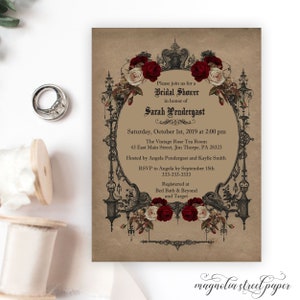 Elegant Vintage Goth Bridal Shower Invitation, Haunted Gothic Halloween Wedding Shower Invite, Burgundy Roses, Printable or Printed, V3