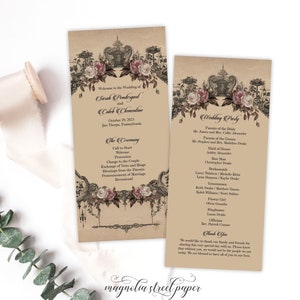 May include: A wedding program with a vintage floral design. The program includes the ceremony order and the wedding party. The text reads "Welcome to the Wedding of Sarah Pendergast and Caleb Clementine" and "October 29, 2023, Jim Thorpe, Pennsylvania".