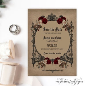 Vintage Goth Save the Date, Halloween Haunted Gothic Themed Wedding Announcement Invitation, Printable or Printed, V3