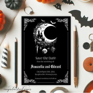 Gothic Halloween Save the Date, Crescent Moon and Haunted House Wedding Announcement, Vintage Hallowedding, Printable or Printed