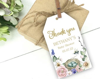 Spring Baby Shower Favor Tags, Daffodil, Roses and Pansy Thank You Tags, Nest With Eggs Bag or Hang Tags, Printable or Printed, E1