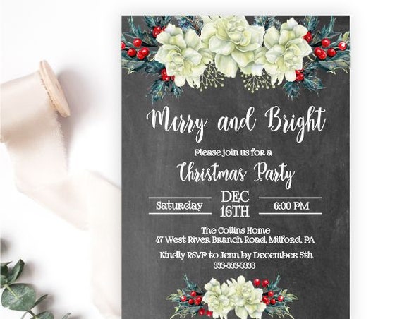 Merry and Bright Christmas Party Invitation, White Floral and Holly With Red Berries Holiday Invite, Open House or Company Party