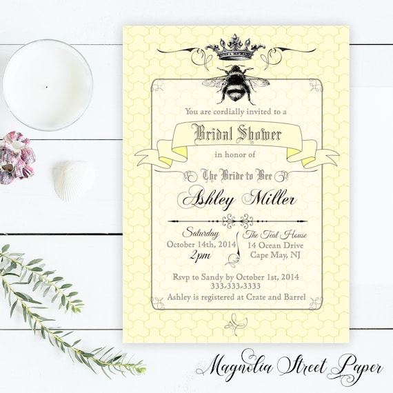 Bride to Bee Bridal Shower Invitation, Honey Queen Bee or Bumblebee Invite, Elegant Yellow