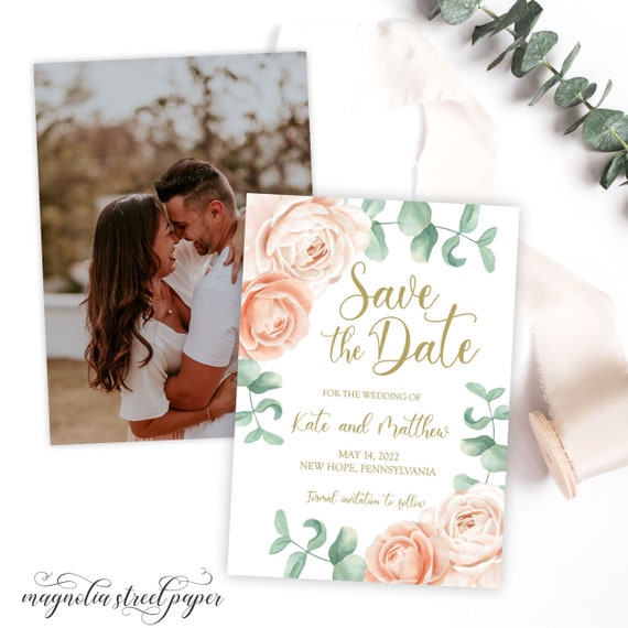 Blush Save the Date With Photo, Peach Beige Floral Wedding Announcement, Eucalyptus 5 x 7 Digital or Printed With Picture, P1