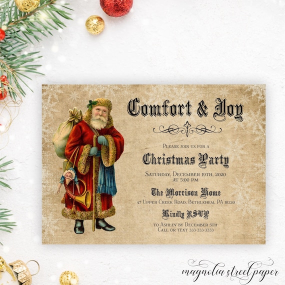 Santa Christmas Party Invitation, Vintage Old World St. Nick Invite
