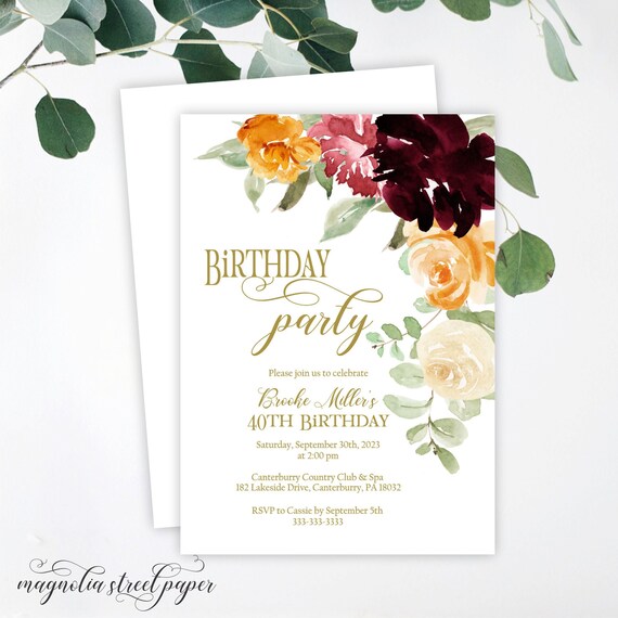 Fall Birthday Party Invitation, Watercolor Burgundy, Pink, Orange Autumn Florals, Adult, Baby, Surprise, Milestone, Printable or Printed, F1