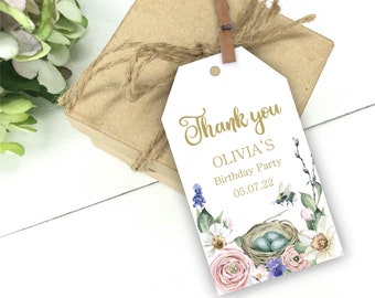 Spring First Birthday Favor Tags, Daffodil, Roses and Pansy Thank You Tags, Nest With Eggs Bag or Hang Tags, Printable or Printed, E1