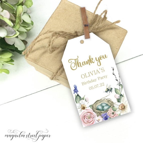 Spring First Birthday Favor Tags, Daffodil, Roses and Pansy Thank You Tags, Nest With Eggs Bag or Hang Tags, Printable or Printed, E1