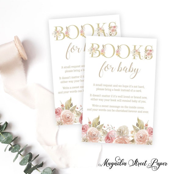 Rose Gold and Gold Floral Book Request Card, Printable Bush and Gray Baby Girl Bring a Book Baby Shower Insert, Instant Download Il_570xn