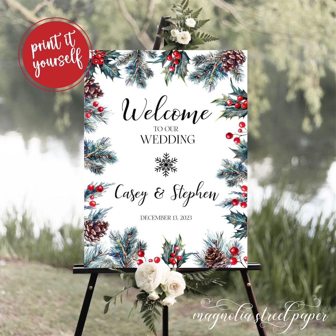 Pine and Holly Winter Wedding Welcome Sign, Christmas or Holiday ...