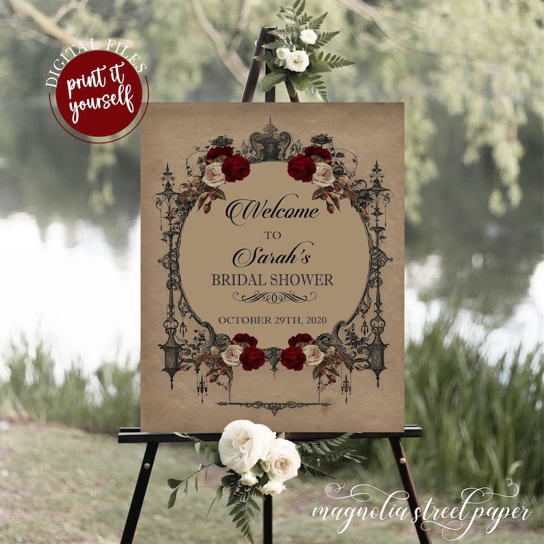 Elegant Vintage Goth Bridal Shower Welcome Sign, Halloween Wedding Shower Sign With Burgundy Flowers, Printable, V3 image 1