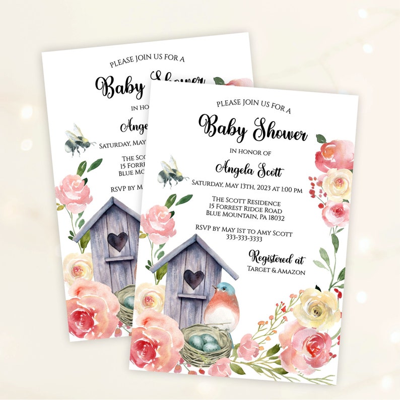 Bluebird Baby Shower Invitation, Pink and Blush Floral Baby Girl Invite, Spring Feather Her Nest Shower or Sprinkle, Printable or Printed image 2