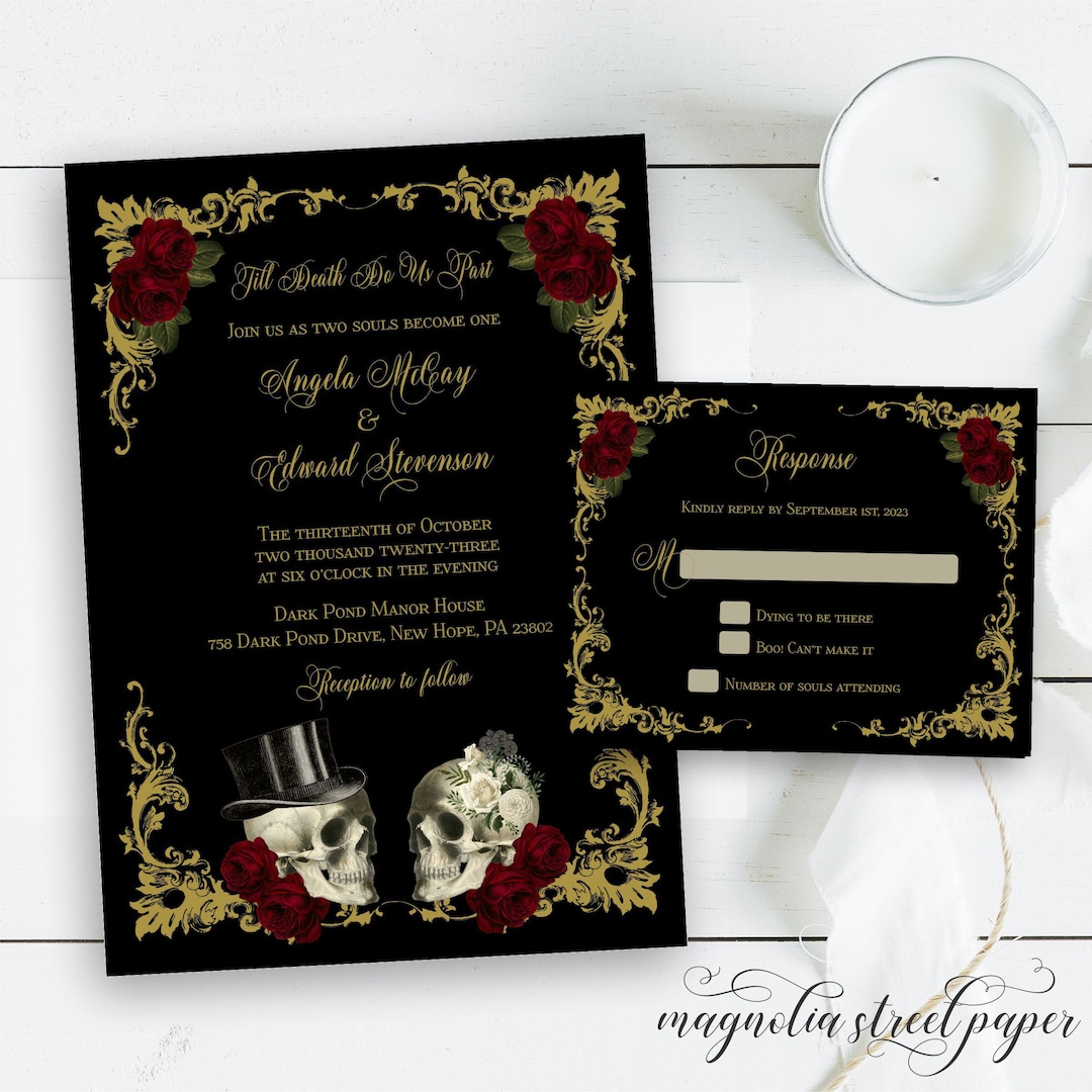 Halloween Gothic Wedding Invitation, Till Death Do Us Part Skulls ...