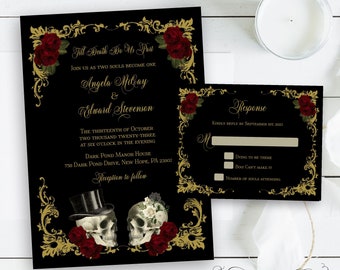 Halloween Gothic Wedding Invitation, Till Death Do Us Part Skulls, Burgundy Gold Wedding Invite, Creepy Vintage, Printable or Printed, S1