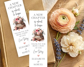 Bookmark Favor Tags for Book Themed Bridal Shower, A New Chapter Is About To Begin Thank You Tags, Pink Peony Floral, Printed