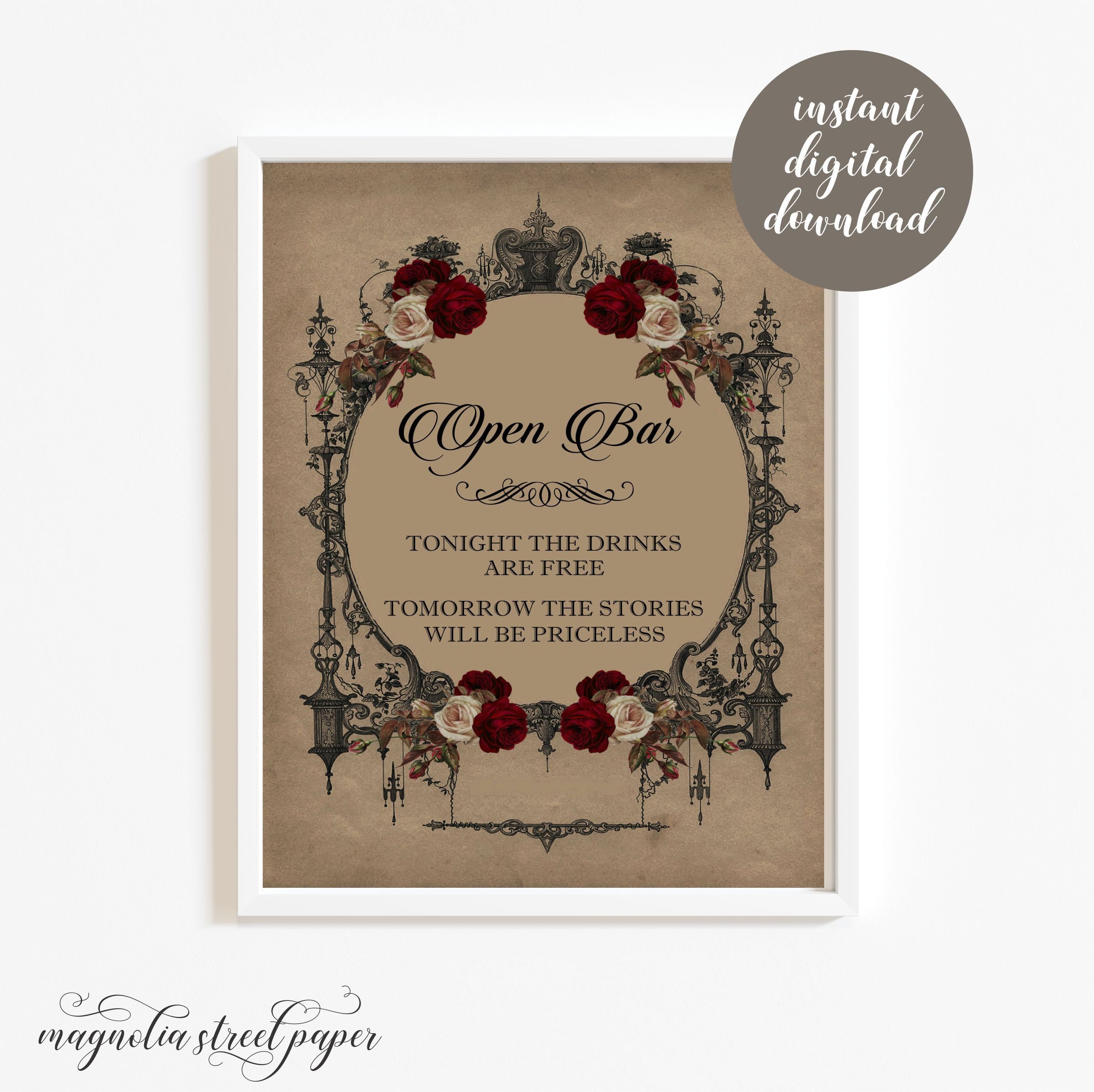 Open Bar Wedding Sign, Printable Halloween Gothic Wedding Sign, Vintage  Goth Burgundy Floral Reception Decor, Instant Download