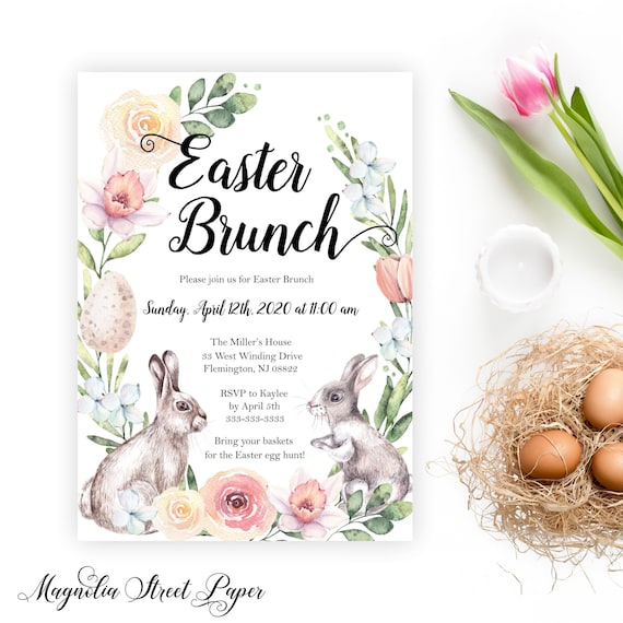 Floral Easter Brunch Invitation, Spring Flowers and Bunny Easter Dinner Invite, Family Celebration and Egg Hunt, Printable or Printed